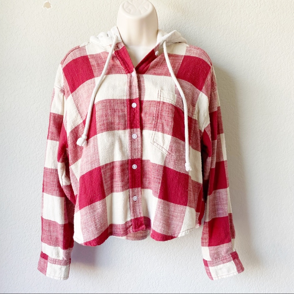 American Eagle Red Cream Plaid Patchwork Crop Flannel Hooded Button Up Shirt